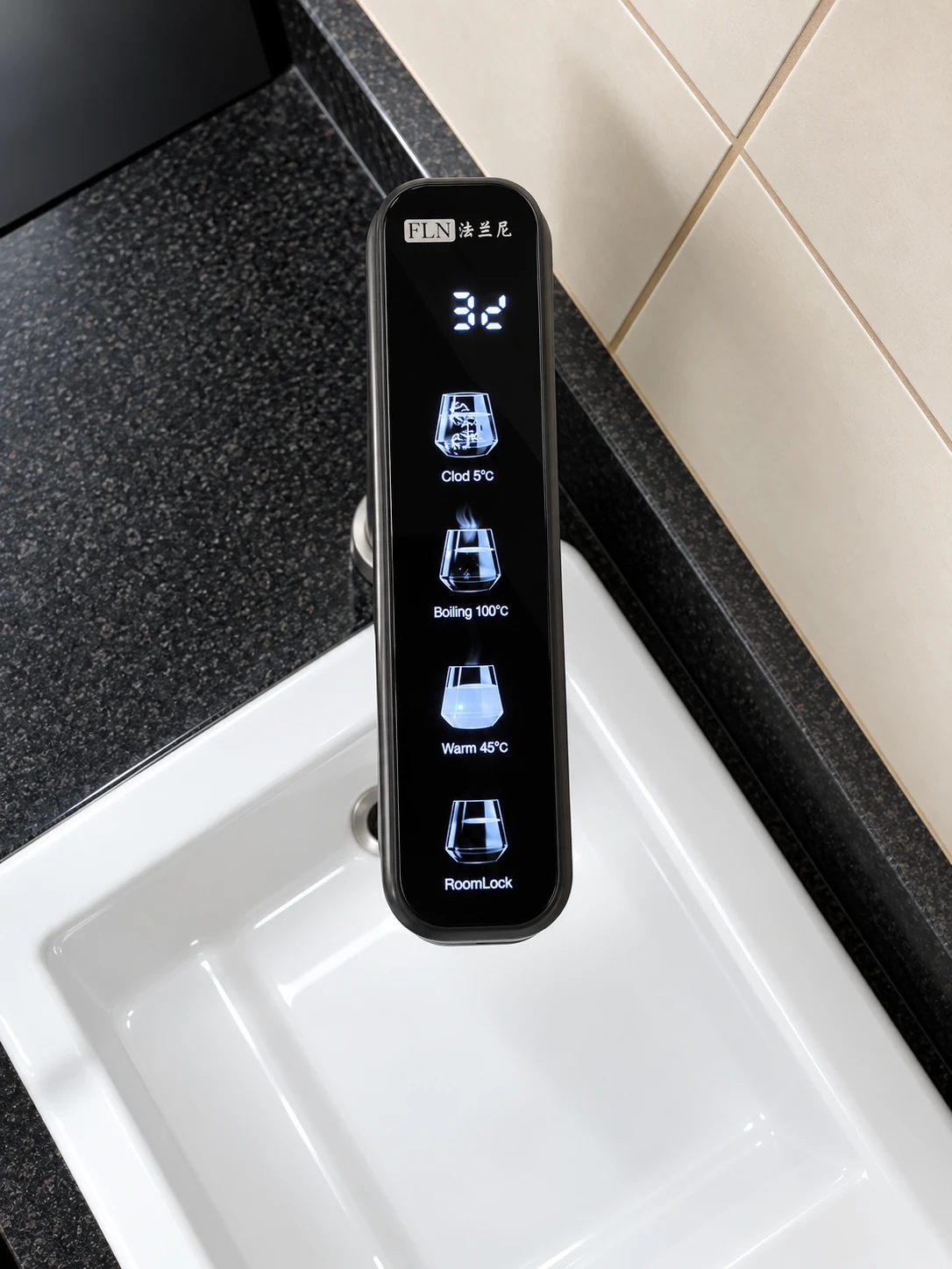 Actual overhead product photo of a digital faucet built into the sink, leaving the surrounding counter clear