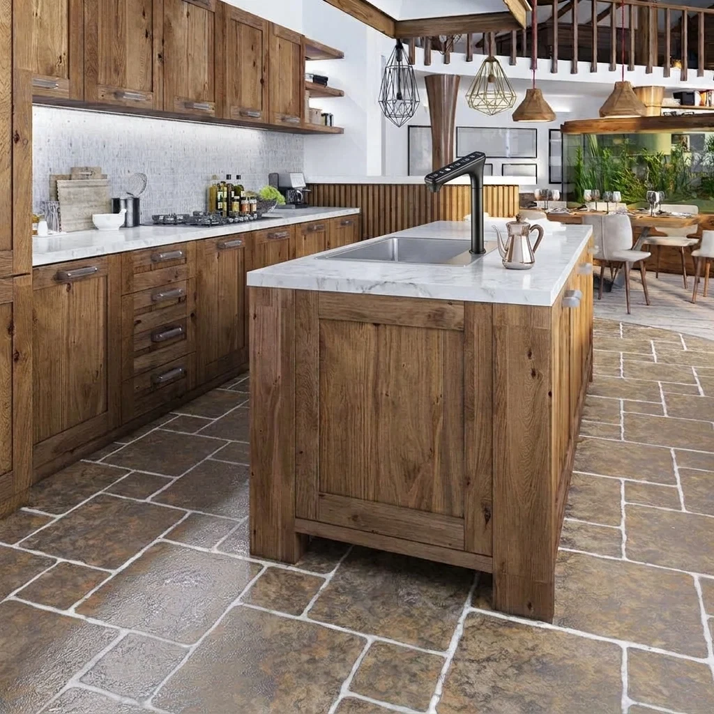 Illustrative after view of the same kitchen with its dispenser removed and a slim digital faucet fitted at the island sink