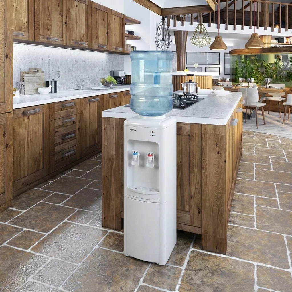 Illustrative before view of a kitchen with a large floor-standing water dispenser taking up space beside the island